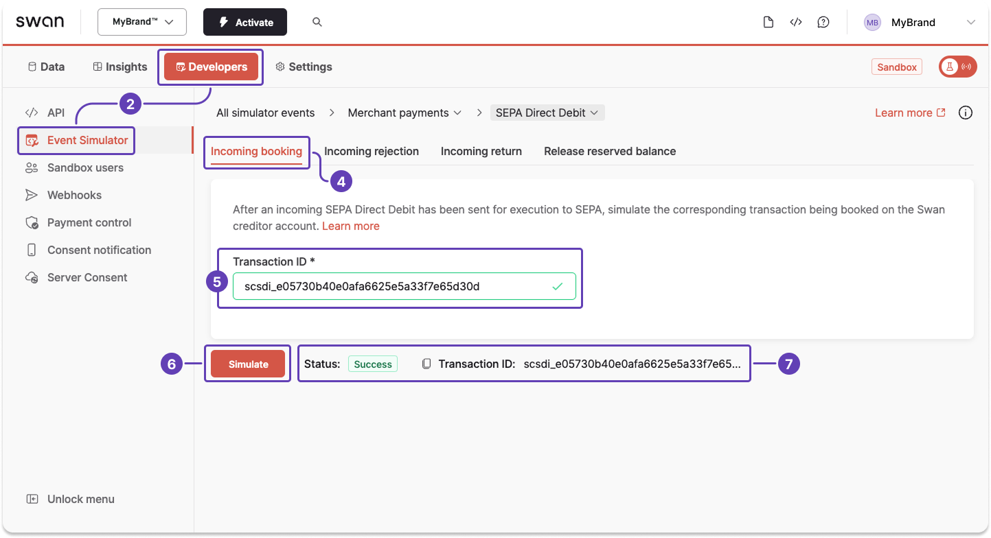 Event Simulator screenshot of booking a SEPA Direct Debit account funding transaction